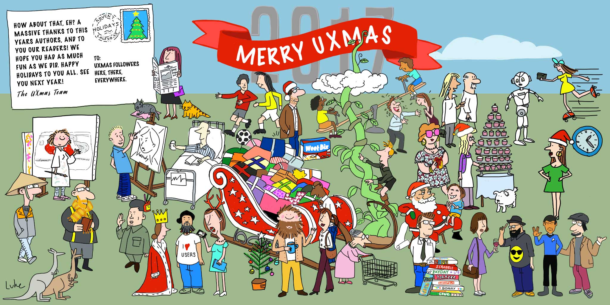 Merry UXmas 2017, authors in a large cartoon