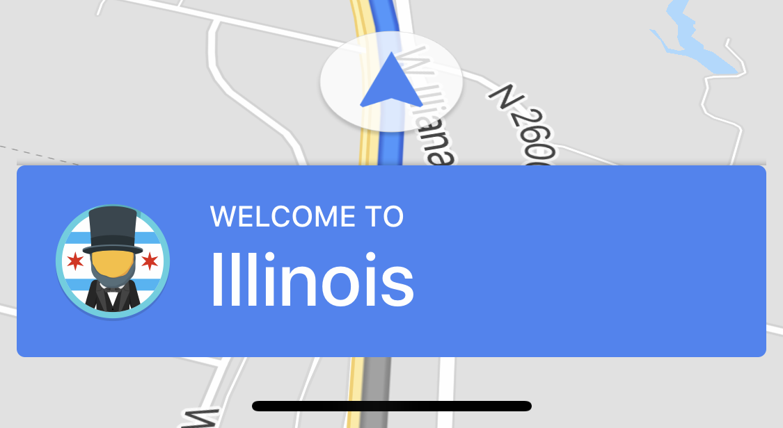 The Google Maps UI display a welcome message when crossing a boundary into a new US state.